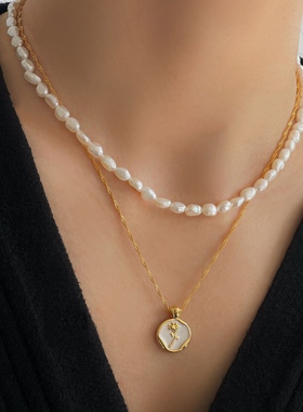 MAGICBOXACC法式复古珠光珐琅滴油玫瑰花吊坠气质项链优雅毛衣链