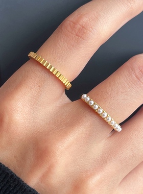 MAGICBOXACC气质百搭小珍珠半圈齿轮戒指高保色钛钢食指叠戴戒指