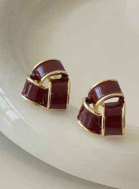 MAGICBOXACC法式复古气质酒红滴釉几何缠绕925银针耳钉女耳环耳饰