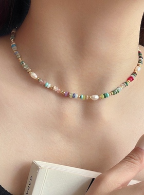 MAGICBOXACC欧美复古甜酷风彩色真石珍珠串珠项链叠戴颈链锁骨链