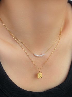 MAGICBOXACC法式复古玫瑰方形吊坠珍珠叠戴项链通勤颈链女锁骨链