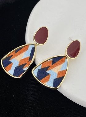 MAGIBOCACC秋冬酒红豹纹布艺拼接复古气质925银针耳钉显白耳环