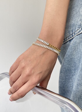 MAGICBOXACC欧美时尚超闪满钻方钻镶锆石嵌链条拼接手链个性手饰