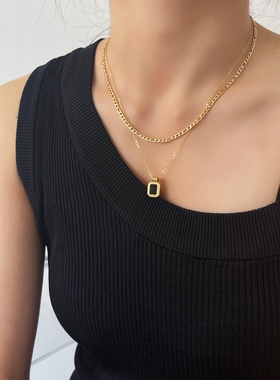 MAGICBOXACC质感简约黑方块吊坠双层钛钢高保色项链女颈链锁骨链