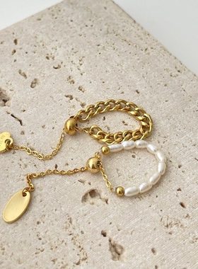 MAGICBOXACC简约小众天然珍珠链条抽拉可调节戒指女钛钢百搭戒指