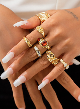 欧美跨境饰品 时尚感关节组合戒指女 嘻哈金属熔岩宝石rings套装