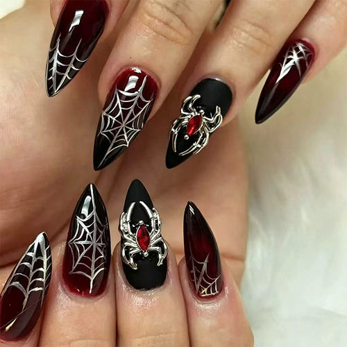 跨境万圣节短款杏仁甲蛛网浮雕鎏金穿戴美甲press on nails