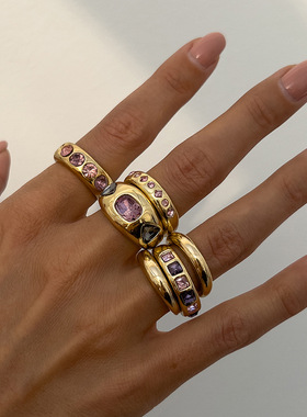 欧美时尚风彩色宝石镶嵌戒指套装 金属质感光面指环Rings