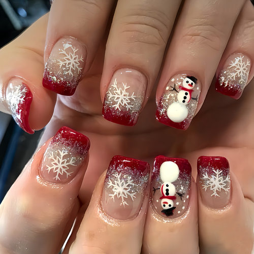 红色法式散粉假指甲圣诞雪人雪花适合秋冬季美甲press on nails