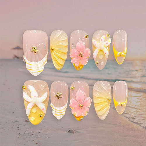 跨境杏仁甲猫眼立体花朵海星欧美法式美甲甲片nails