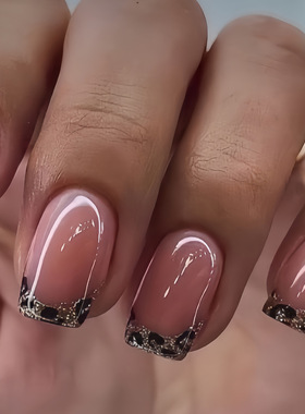 欧美中方甲黑色法式假指甲棕色豹纹美甲贴片套装Nails