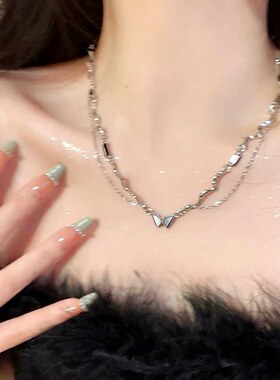 环保双层黑色蝴蝶组合式项链女ins锁骨链女高级小众设计感配饰潮