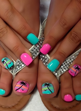 欧美夏季热销海洋沙滩椰子树脚指甲清晰蓝粉穿戴甲press on nails