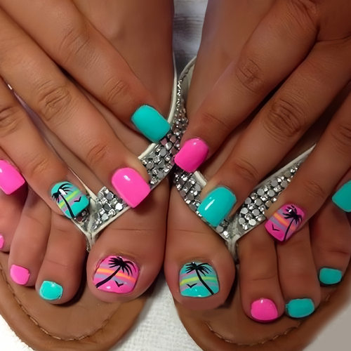 欧美夏季热销海洋沙滩椰子树脚指甲清晰蓝粉穿戴甲press on nails