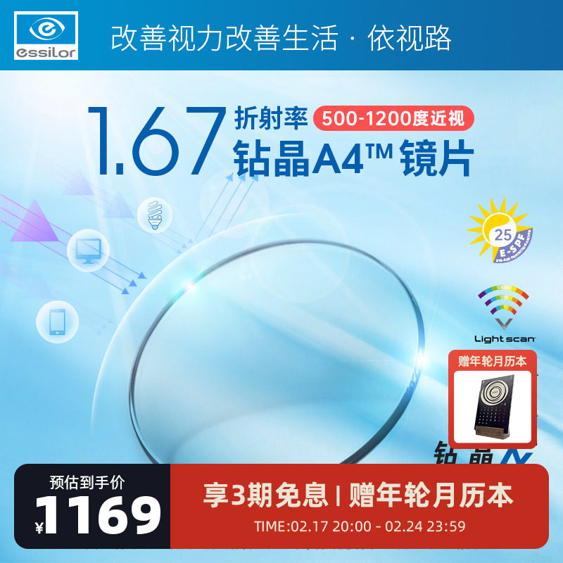 依视路1.67折射率防蓝光钻晶A4非球面镜片两片定制品不退换不单卖