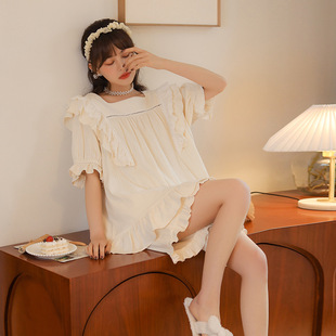 休闲家居服 睡衣女夏短袖 短裤 棉质套装 宫廷风甜美少女可外穿薄款