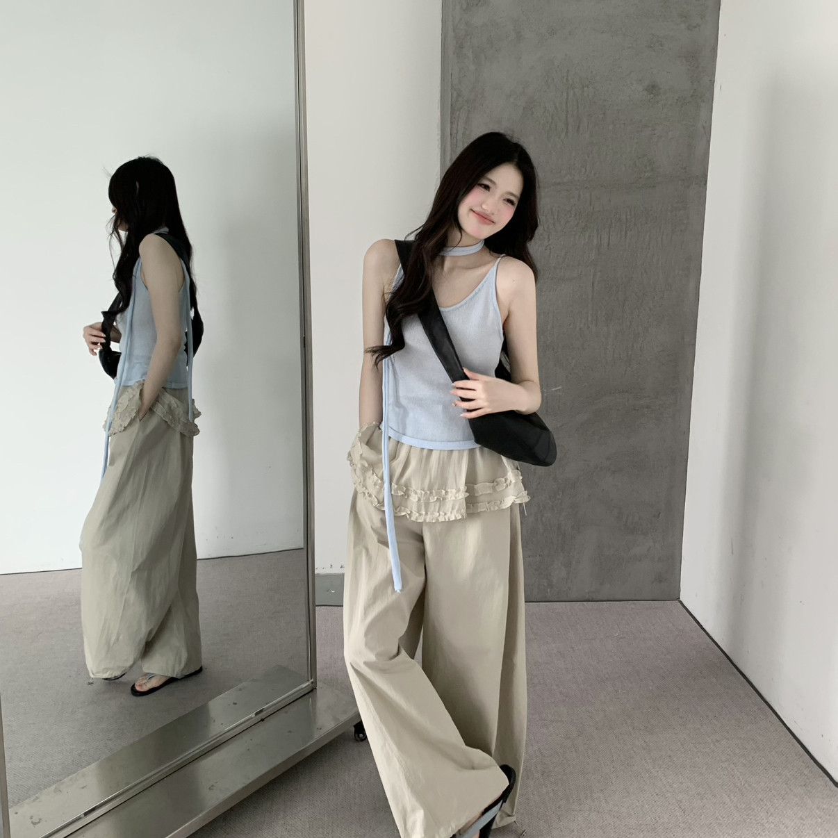 「YUXI 严选」夏上新韩系简约纯色冰凉亚麻舒适吊带背心(配围脖）