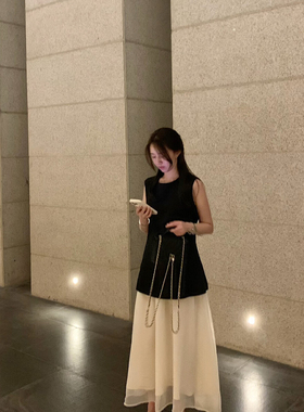 清仓189元【YUXI 严选】气质优雅天丝亚麻背心+纱吊带连衣裙套装