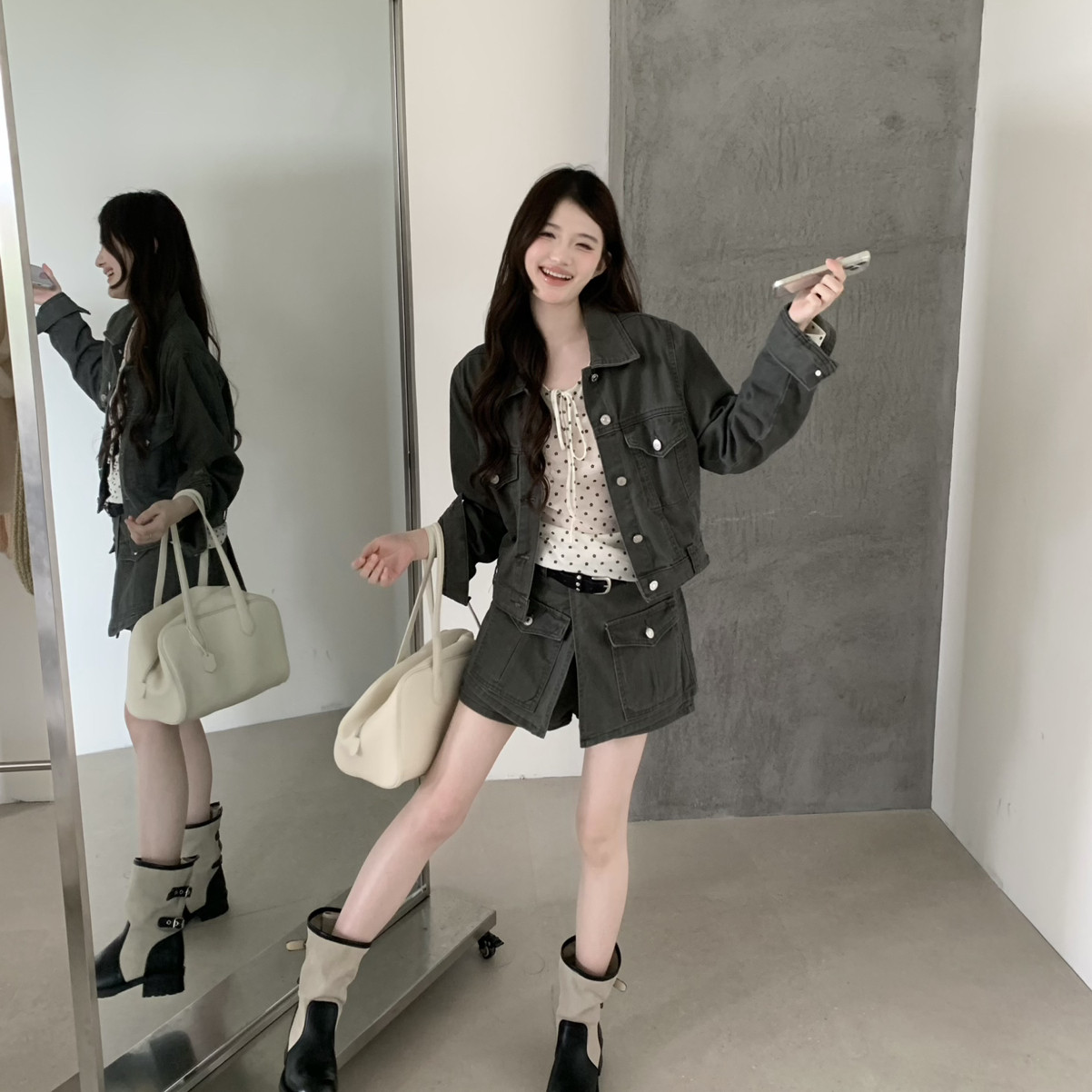 秋上新韩系工装牛仔短款套装女