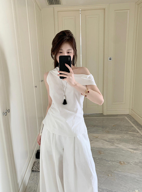 【YUXI严选】麻料斜肩收腰显瘦小衫（有麻结）韩系设计感不规则