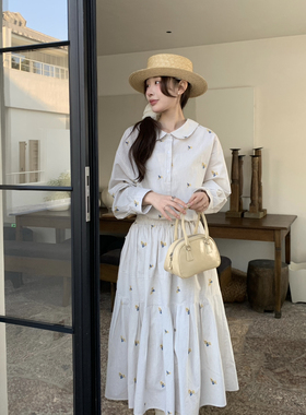 【YUXI严选】早春韩系复古百搭米色条纹小黄花绣花长半裙半身裙