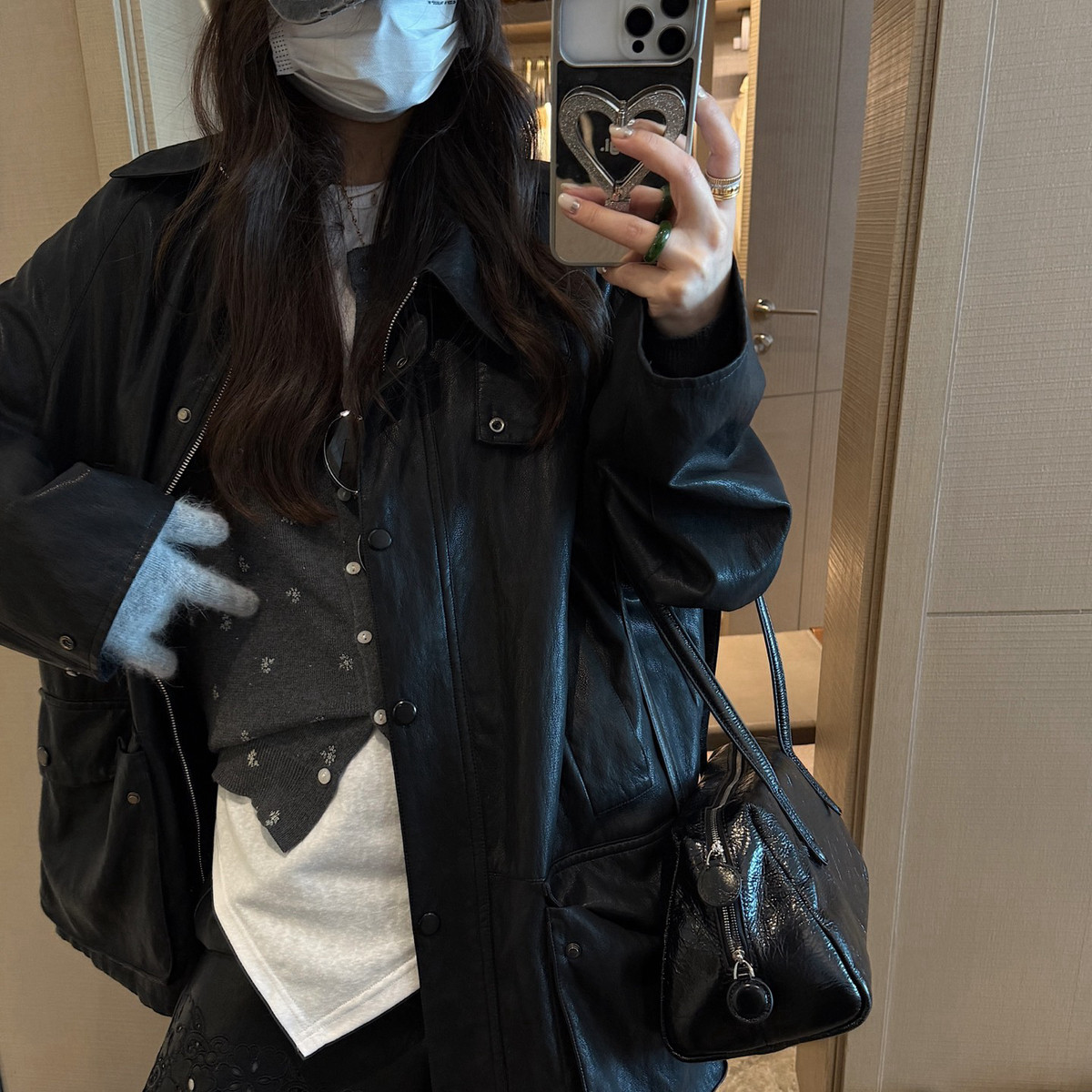 YUXI严选复古中长款宽松皮衣