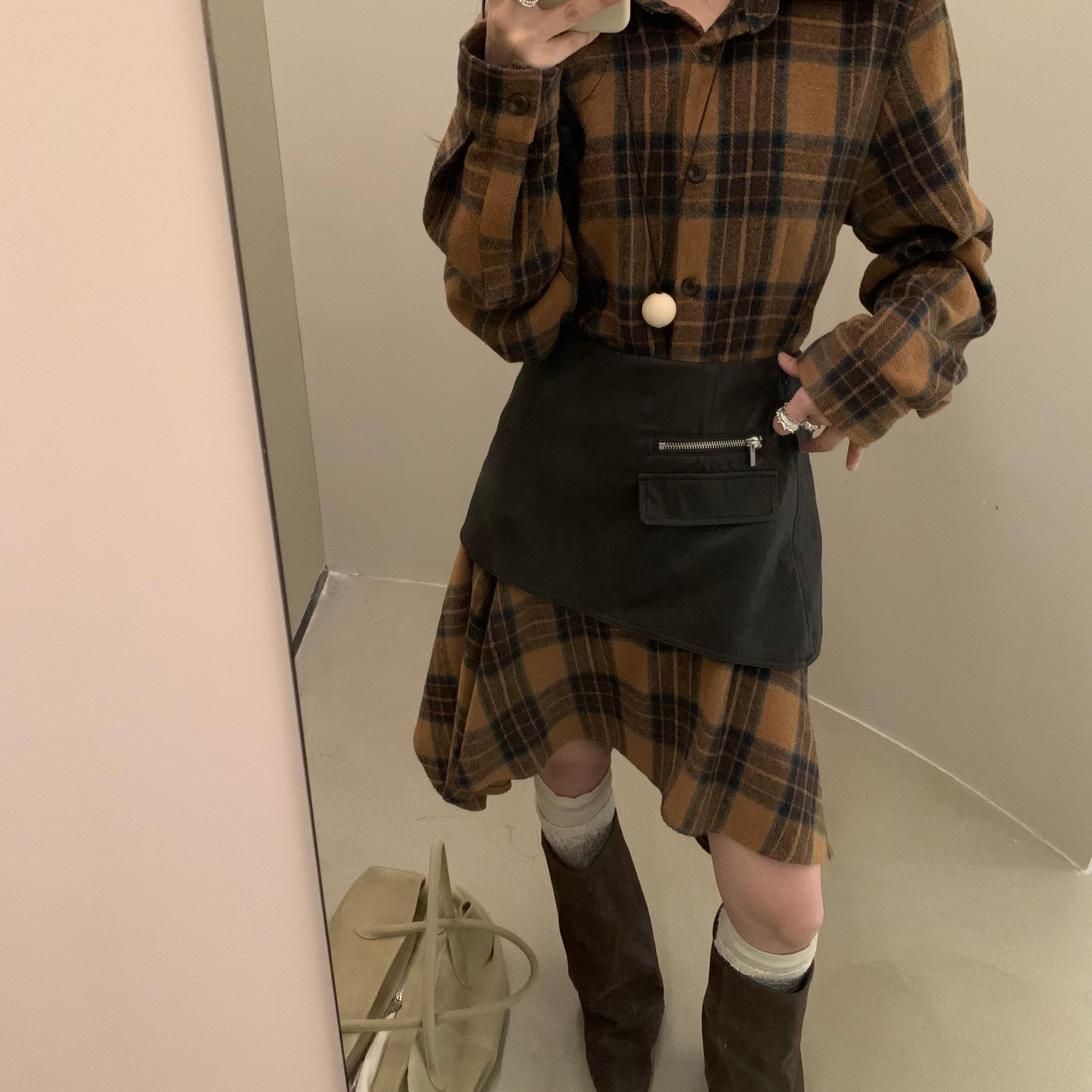 韩系甜酷格纹翻领连衣裙配皮腰封