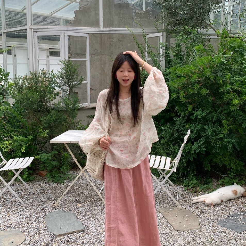 【YUXI严选】夏上新甜美温柔风高品质碎花苎麻圆领防晒衬衫小衫