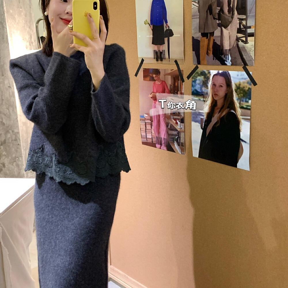 韩系蕾丝针织衫加半身裙套装