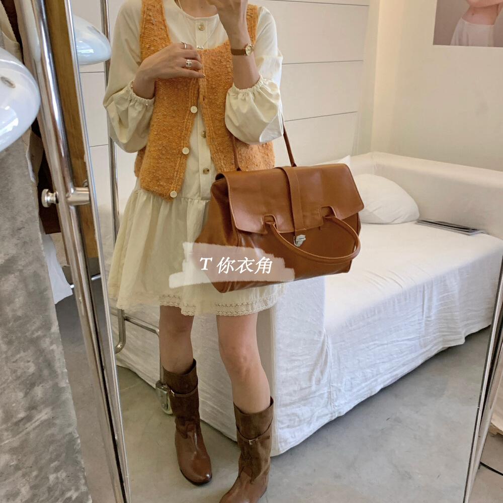 韩系文艺森女风小金扣茶歇连衣裙