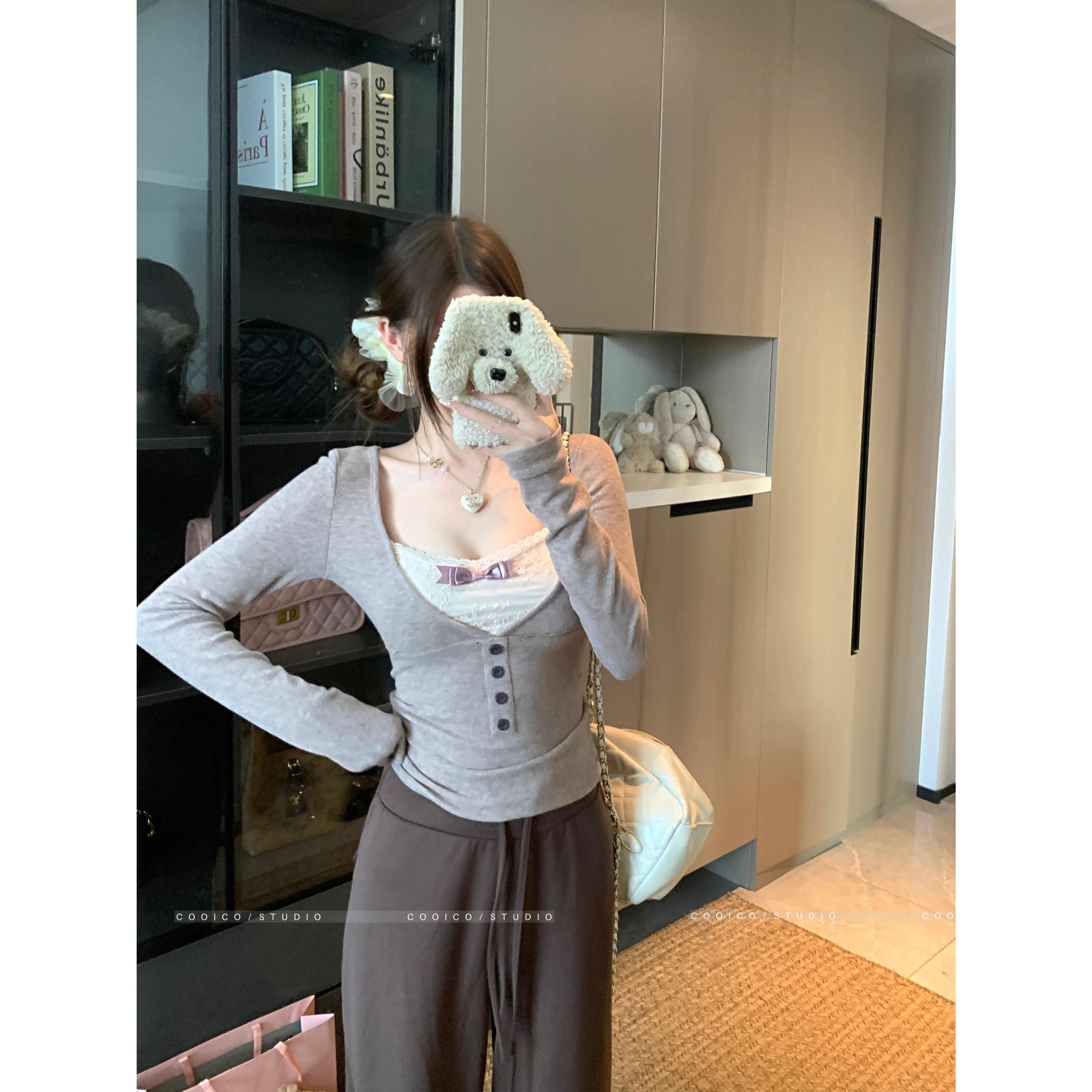 撞色蕾丝叠穿假两件长袖t恤女