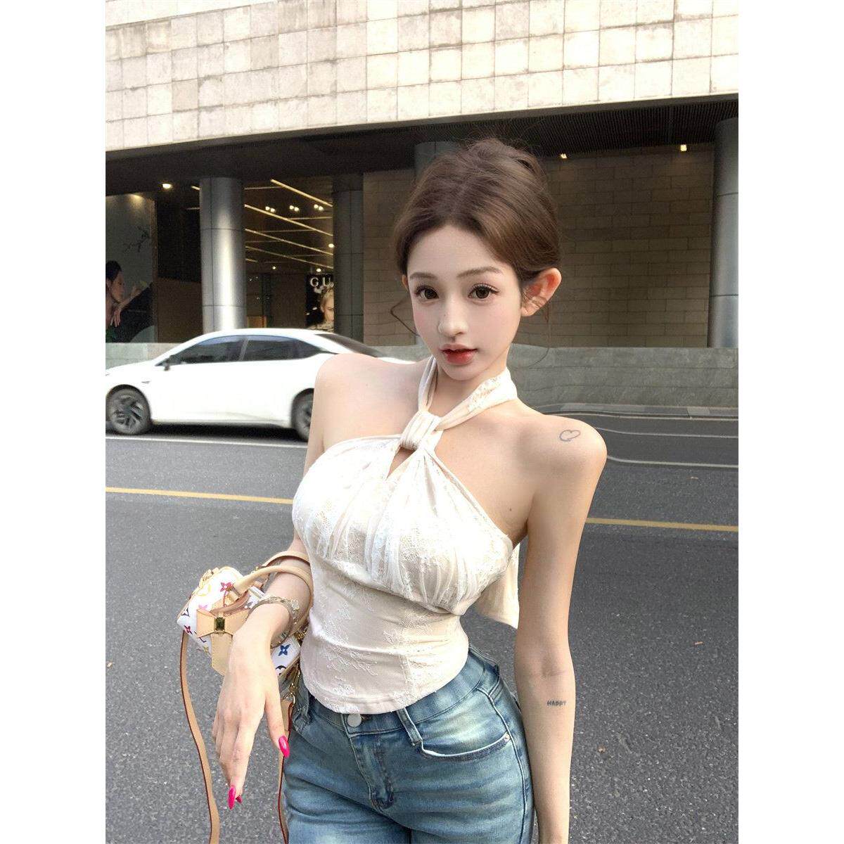 带胸垫泰式绝美挂脖吊带背心夏外穿修身显瘦炸街漂亮无袖辣妹上衣
