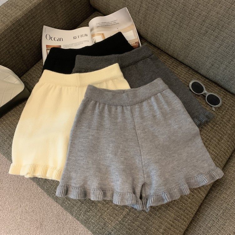美式复古木耳边针织短裤女秋冬