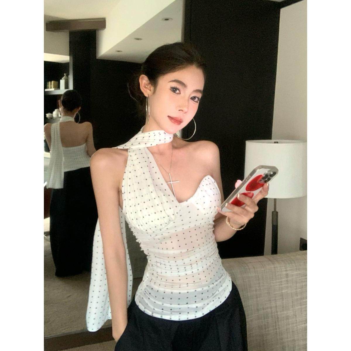 带胸垫美式性感网纱挂脖吊带背心女夏设计感修身显瘦无袖短款上衣