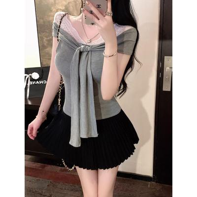 带胸垫V领蕾丝拼接绑带短袖T恤