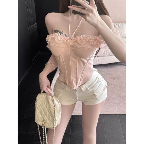 带胸垫粉色蕾丝吊带背心女夏季
