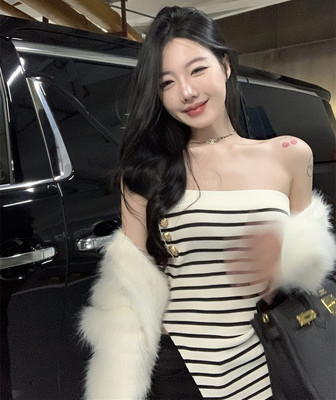 一字肩抹胸条纹吊带背心女