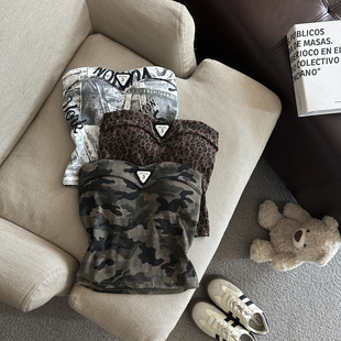 上衣 短款 带胸垫音乐节穿搭复古迷彩印花抹胸背心美式 千禧辣妹修身