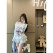韩系白色印花斜肩长袖T恤女夏季宽松防晒罩衫设计感薄款百搭上衣