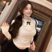 法式 温柔打底上衣 T恤女秋冬杏色内搭修身 蝴蝶结半高领长袖 蕾丝衫