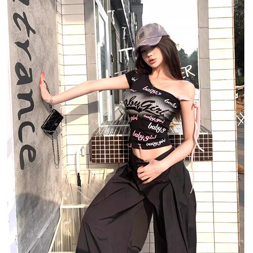 美式复古辣妹露肩印花T恤女