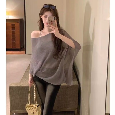 复古灰色薄款性感斜肩无袖针织衫