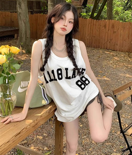 甜酷牌情侣美式 背心女外穿运动宽松休闲港风复古中长上衣 夏季 无袖