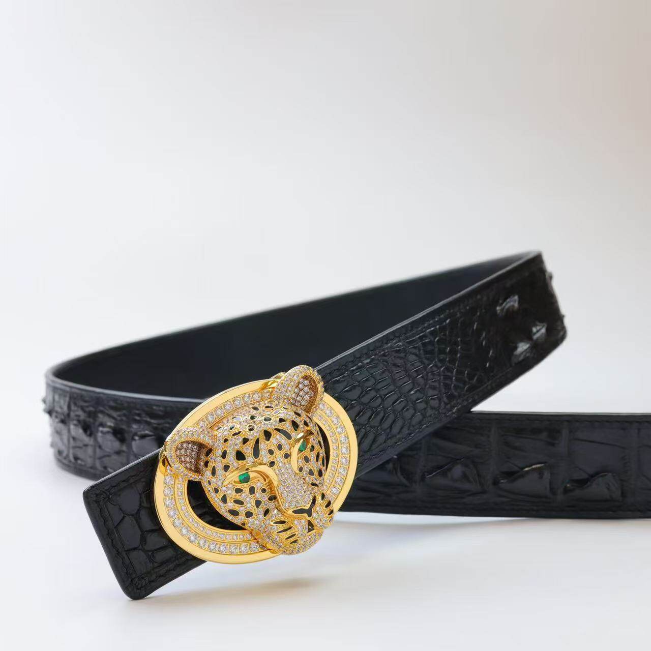 高奢款豹子扣镶钻立体鳄鱼皮腰带男士3.8宽打眼真皮百搭时尚男士