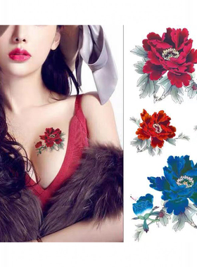 纹身贴防水女持久仿真手臂胸口锁骨遮疤痕贴纸红色蓝色牡丹花脚踝