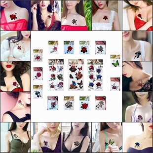 纹身贴防水女持久仿真性感诱惑胸部玫瑰遮疤痕一套16张套装包邮