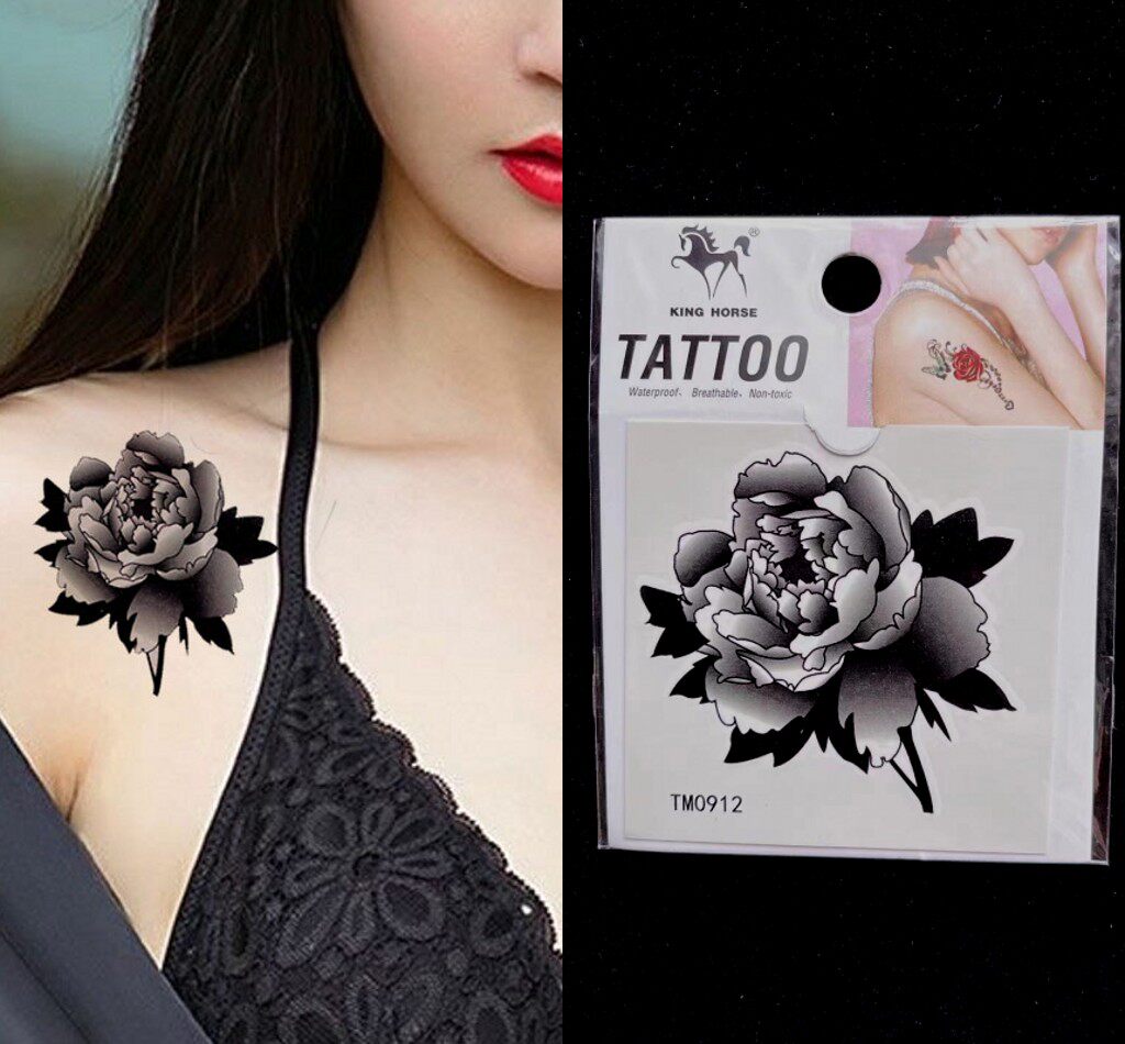 纹身贴防水持久黑色牡丹花小张小图案少女遮疤痕锁骨前胸满十送一
