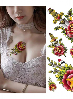纹身贴防水女持久仿真手臂胸口锁骨遮疤痕贴纸彩色花朵满10张包邮