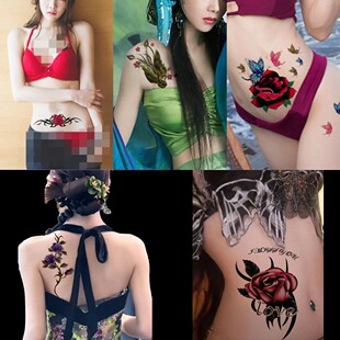 纹身贴防水女持久花臂性感遮瑕胸部疤痕仿真孔雀玫瑰牡丹套装包邮