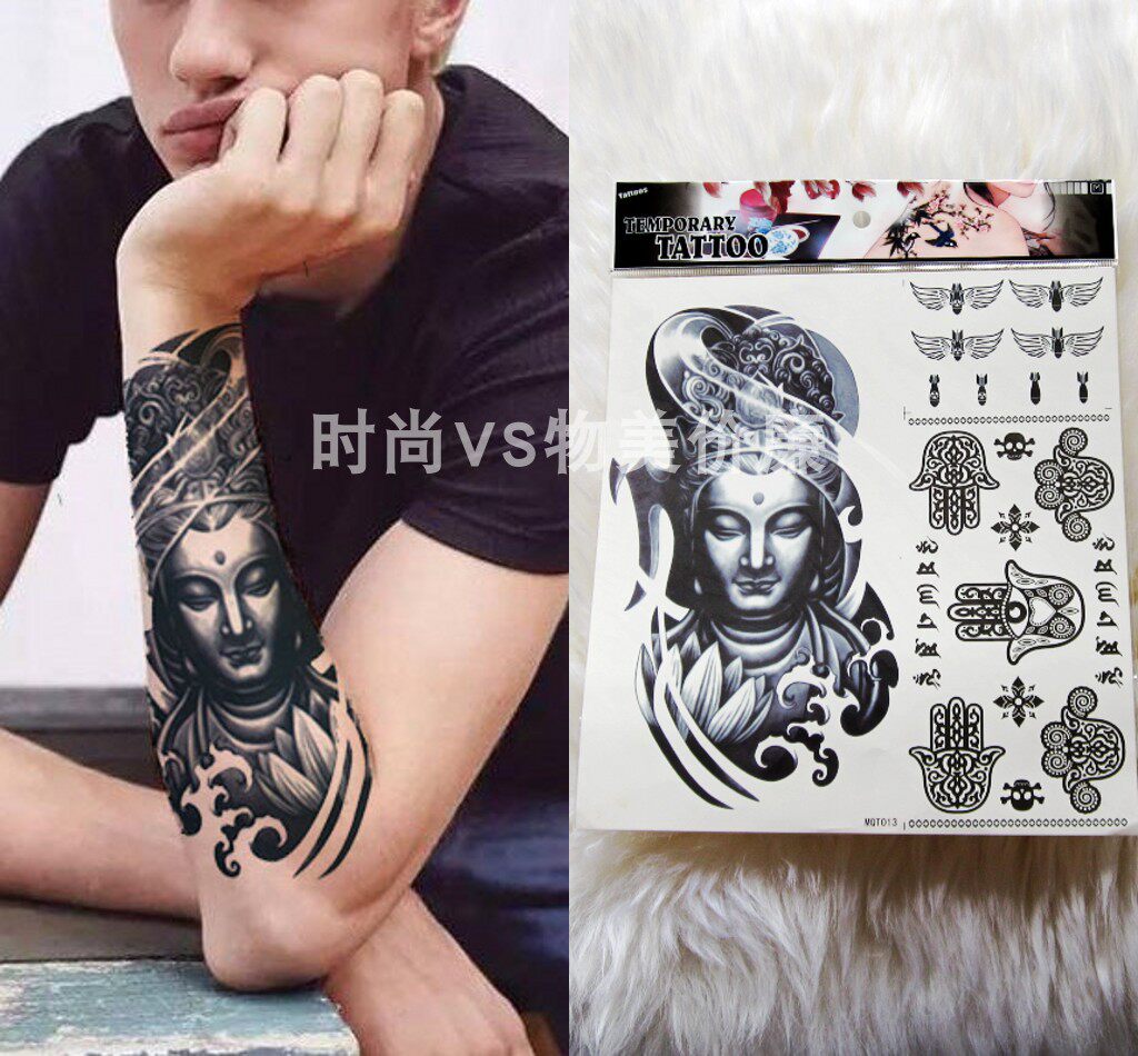 纹身贴防水男花臂手臂仿真持久刺青佛莲花黑色遮瑕大张小图案包邮